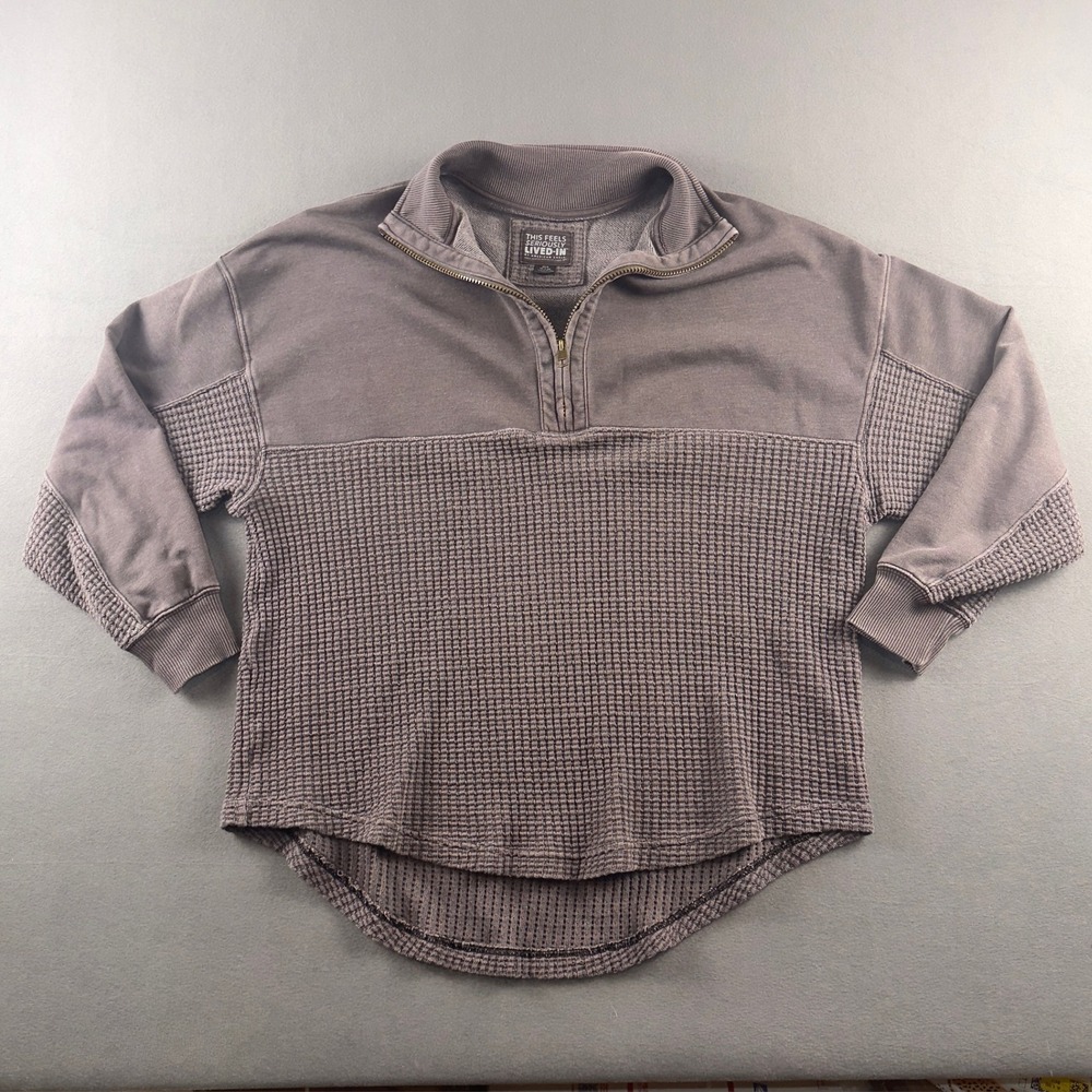 American Eagle Seriously Lived-In Quarter Zip Waffle Knit Pullover Grey XS/S